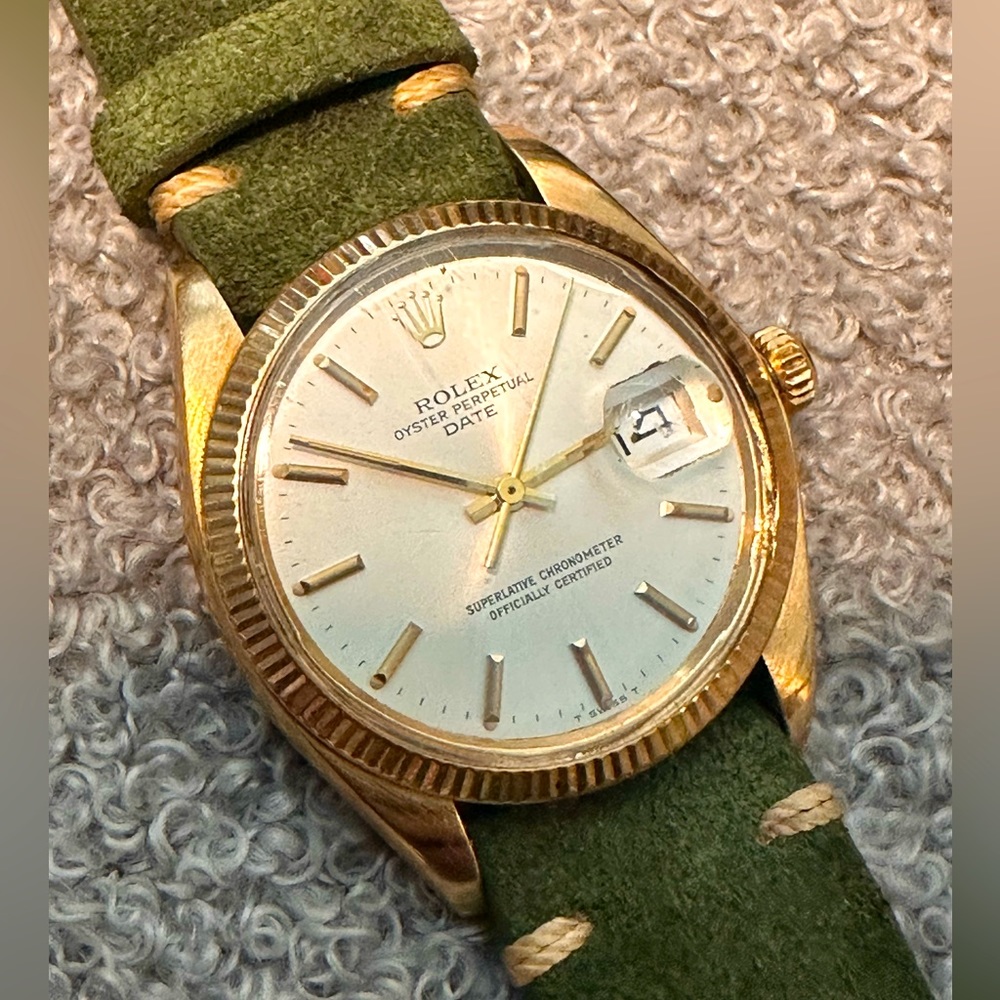 Rolex Oyster Perpetual Date 1503 Men Solid 14K Yellow Gold Watch White Dial.